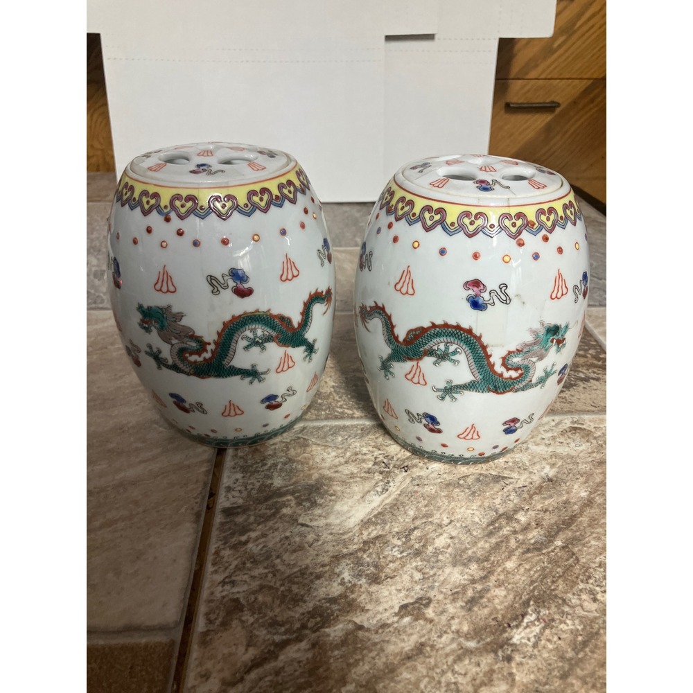 VintageChinese Porcelain Ginger Jars Pair Green Dragon Jingdezhen Set of 2 5.5in